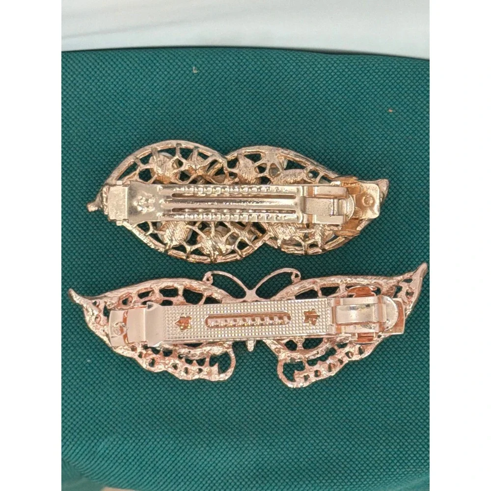 Rose Gold Rhinestone Hair Barrette Set Butterfly and Leaf Crystal Clips 2pc
